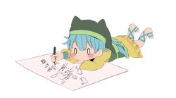 Rule 34 | 0 0, 1girl, :/, aged down, bad id, bad pixiv id, blue hair, blush stickers, child&#039;s drawing, closed mouth, crayon, dragon horns, drawing, dress, feet up, full body, green headwear, hair scarf, haniyasushin keiki, holding, holding crayon, horns, kicchou yachie, long hair, lying, nipples, nude, on stomach, otter spirit (touhou), poco (zdrq3), simple background, solo, touhou, translation request, white background, yellow dress, | |