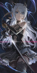 Rule 34 | 1girl, absurdres, bare shoulders, black dress, black gloves, black thighhighs, blue eyes, breasts, clothing cutout, commission, dress, earrings, elbow gloves, gloves, grey hair, highres, holding, holding sword, holding weapon, horns, jewelry, katana, long hair, navel, navel cutout, original, pixiv commission, small breasts, solo, sssong aa, sword, thighhighs, weapon