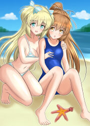 Rule 34 | 2girls, absurdres, beach, bikini, blonde hair, blue bikini, blue eyes, blue one-piece swimsuit, blue sky, bow, breasts, brown hair, chestnut95, cloud, day, hair bow, highres, horizon, katia waldheim, liz hohenstein, long hair, looking at viewer, medium breasts, multiple girls, muv-luv, muv-luv alternative, ocean, one-piece swimsuit, outdoors, outstretched arms, ponytail, school swimsuit, schwarzesmarken, sky, small breasts, starfish, striped bikini, striped clothes, swimsuit, two side up, very long hair, yellow eyes