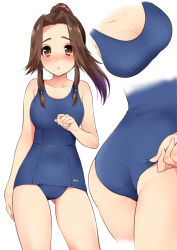 Rule 34 | 10s, 1girl, adjusting clothes, adjusting swimsuit, ass, blue one-piece swimsuit, blush, breasts, brown eyes, brown hair, cleavage, close-up, collarbone, commentary, cowboy shot, gluteal fold, hand up, jintsuu (kancolle), kantai collection, large breasts, long hair, looking at viewer, multiple views, old school swimsuit, one-piece swimsuit, parted bangs, parted lips, plum (arch), ponytail, school swimsuit, simple background, swimsuit, wedgie, white background