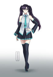 Rule 34 | 1girl, aqua necktie, artist logo, bare shoulders, boots, cosplay, dated, detached sleeves, expressionless, full body, genshin impact, gradient background, hand on own hip, hatsune miku, hatsune miku (cosplay), high heel boots, high heels, highres, long hair, looking at viewer, mona (genshin impact), necktie, pleated skirt, purple hair, simple background, skirt, sleeveless, solo, standing, thigh boots, thighhighs, twintails, vocaloid, zer 0a, zettai ryouiki