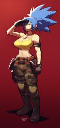 Rule 34 | 1girl, ammunition pouch, armlet, bare shoulders, belt, blue eyes, blue hair, breasts, camouflage, camouflage pants, dog tags, dreaminerryday, earrings, full body, gloves, gradient background, highres, jewelry, large breasts, leona heidern, midriff, military, military uniform, navel, pants, ponytail, pouch, red background, salute, simple background, sleeveless, solo, standing, tank top, the king of fighters, the king of fighters xiv, the king of fighters xv, triangle earrings, uniform, yellow tank top