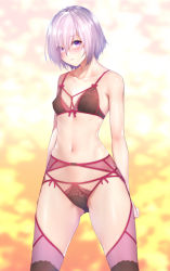 Rule 34 | 1girl, alternate costume, bare arms, bare shoulders, blush, bow, bow bra, bow panties, bra, breasts, collarbone, commentary request, fate/grand order, fate (series), garter belt, gradient background, hair over one eye, lingerie, looking at viewer, mash kyrielight, navel, panties, parted lips, pink hair, purple eyes, shiny skin, short hair, simple background, small breasts, solo, stomach, thighhighs, underwear, zucchini