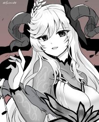 Rule 34 | 1girl, bodystocking, breasts, brown background, covered collarbone, fire emblem, fire emblem heroes, freyja (fire emblem), goat horns, hair ornament, horns, long hair, looking at viewer, monochrome, nintendo, open mouth, solo, swept bangs, turtleneck, upper body, very long hair, yukia (firstaid0)