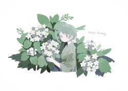 Rule 34 | 1girl, chinese commentary, closed mouth, commentary request, flower, green eyes, green hair, green kimono, green theme, happy birthday, highres, isoi rai, japanese clothes, kimono, long sleeves, saibou shinkyoku, short hair, smile, solo, sunoom17, upper body, white background, white flower