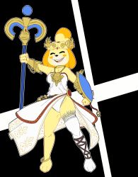 Rule 34 | 1girl, absurdres, alternate costume, animal crossing, animal ears, animal hands, anklet, arch (4rch), arm up, artist name, bangle, bare shoulders, belt, black background, blush stickers, bracelet, breasts, cameltoe, circlet, cleavage, clenched hand, closed eyes, cosplay, crossover, dog ears, dog girl, dress, female focus, full body, furry, furry female, hair tie, happy, highres, holding, holding staff, isabelle (animal crossing), jewelry, kid icarus, legs apart, medium breasts, nintendo, open mouth, outline, palutena, palutena (cosplay), panties, pantyshot, shield, side slit, signature, simple background, single thighhigh, skindentation, smile, solo, staff, standing, strapless, strapless dress, super smash bros., teeth, thighhighs, topknot, twitter username, two-tone background, underwear, upskirt, vambraces, white dress, white outline, white panties, white thighhighs