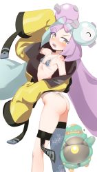 Rule 34 | 1girl, absurdres, amaya (amaya umb), ass, bare shoulders, bellibolt, bikini, blue hair, blush, breasts, collarbone, cowboy shot, creatures (company), from behind, game freak, grey bikini, grey thighhighs, hair ornament, highres, iono (pokemon), jacket, long hair, long sleeves, looking back, micro bikini, multicolored hair, nintendo, off shoulder, open mouth, pokemon, pokemon (creature), pokemon sv, purple hair, sharp teeth, simple background, single thighhigh, sleeves past wrists, small breasts, solo, standing, swimsuit, teeth, thighhighs, twintails, two-tone hair, upper teeth only, very long hair, white background, yellow eyes, yellow jacket