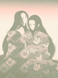 Rule 34 | 2girls, animal print, butterfly print, character request, closed mouth, eyelashes, gradient background, highres, japanese clothes, kimono, layered clothes, layered kimono, light particles, long hair, long sleeves, looking at viewer, monochrome, multiple girls, nobunaga concerto, off shoulder, parted bangs, parted lips, print kimono, sleeves past fingers, sleeves past wrists, unmoving pattern, urup zzz, very long hair, wide sleeves