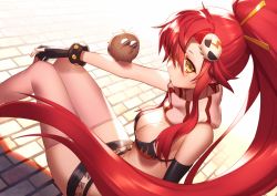 Rule 34 | 00s, 1girl, bare shoulders, belt, bikini, bikini top only, black gloves, breasts, cleavage, closed mouth, fingerless gloves, from above, from side, gloves, hair ornament, hair stick, kikugetsu, long hair, looking at viewer, looking to the side, medium breasts, pink thighhighs, ponytail, red hair, scarf, short shorts, shorts, sideways glance, sitting, skull hair ornament, solo, striped clothes, striped scarf, studded belt, studded bracelet, sunlight, swimsuit, tengen toppa gurren lagann, thighhighs, very long hair, yellow eyes, yoko littner