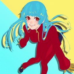 Rule 34 | 1girl, blue hair, bodysuit, flat color, gloves, hime cut, jumpsuit, juu satoshi, kula diamond, long hair, looking up, red eyes, shoes, sneakers, solo, the king of fighters, two-tone background