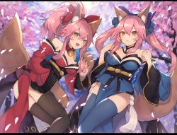 Rule 34 | 10s, 2girls, animal ears, animal hands, bell, black legwear, blue background, blue thighhighs, bow, breasts, cleavage, collar, coyucom, day, detached sleeves, fate/extra, fate/grand order, fate (series), fox ears, fox tail, hair bow, hair ribbon, japanese clothes, large breasts, letterboxed, long hair, looking at viewer, multiple girls, neck bell, open mouth, outdoors, pelvic curtain, pink hair, ribbon, tail, tamamo (fate), tamamo cat (fate), tamamo cat (first ascension) (fate), tamamo no mae (fate/extra), thighhighs, tree, yellow eyes