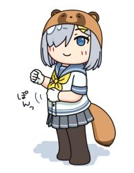 Rule 34 | 1girl, animal ears, animal hat, black pantyhose, blue eyes, commentary request, grey hair, grey sailor collar, grey skirt, hair ornament, hair over one eye, hairclip, hama! (3toshinhmkz), hamakaze (kancolle), hat, kantai collection, looking at viewer, neckerchief, no nose, pantyhose, pleated skirt, raccoon ears, raccoon tail, sailor collar, school uniform, serafuku, short hair, simple background, skirt, smile, solo, tail, white background, yellow neckerchief