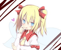 Rule 34 | 1girl, bad id, bad pixiv id, blonde hair, blue eyes, blush, fairy wings, hair ribbon, heart, licking, licking finger, namayakeinu, ribbon, simple background, solo, striped, striped background, sunny milk, touhou, twintails, wings