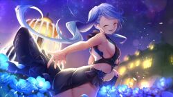 Rule 34 | animated, ass, blue hair, breasts, bridget (deep one), cleavage, cleavage cutout, clothing cutout, deep one kyomu to mugen no fragment, dmm, dress, flower, highres, large breasts, purple eyes, sideboob, tagme, video