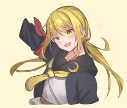 Rule 34 | 1girl, armband, beige background, black jacket, blonde hair, crescent, crescent pin, cropped arms, highres, jacket, kantai collection, knt02142769, long hair, looking at viewer, low twintails, neckerchief, satsuki (kancolle), satsuki kai ni (kancolle), simple background, smile, solo, twintails, upper body, yellow background, yellow eyes, yellow neckerchief