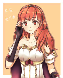 Rule 34 | 1girl, absurdres, adjusting hair, arm guards, armor, armored dress, awazake (2wairu), bare shoulders, bracer, breasts, cape, celica (fire emblem), character name, circlet, copyright name, fingerless gloves, fire emblem, fire emblem echoes: shadows of valentia, gloves, hair ornament, highres, long hair, looking at viewer, medium breasts, nintendo, orange background, red armor, red eyes, red hair, simple background, smile, solo, tiara, upper body, white armor