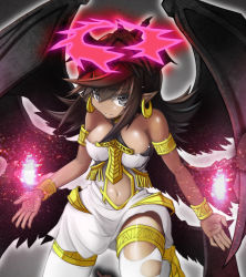 Rule 34 | 1girl, armlet, bare shoulders, bracelet, breasts, choker, covered erect nipples, darklord ixchel, demon girl, demon wings, dress, duel monster, earrings, fang, full body, gluteal fold, halo, head wings, highres, jewelry, long hair, looking at viewer, multicolored clothes, multicolored dress, multiple wings, navel, open mouth, pointy ears, purple eyes, purple hair, shoes, short dress, smile, solo, stomach, thighhighs, torn clothes, torn thighhighs, white background, white thighhighs, wings, yellow footwear, yu-gi-oh!, yu-gi-oh!jewelry