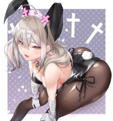 Rule 34 | 1girl, animal ears, ass, bandages, black leotard, black pantyhose, commentary request, detached collar, fake animal ears, fang, feet out of frame, gloves, grey background, hair ornament, hands on own knees, hat, leotard, long hair, mole, mole under eye, nijisanji, nurse cap, pantyhose, pink eyes, playboy bunny, polka dot, polka dot background, rabbit ears, rabbit girl, rabbit tail, silver hair, sitting, skin fang, skysign ft, solo, strapless, strapless leotard, sukoya kana, tail, twintails, virtual youtuber, white gloves, wrist cuffs, x hair ornament