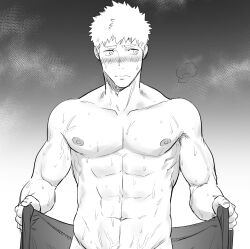 Rule 34 | 1boy, abs, bara, blush, closed mouth, completely nude, cropped, embarrassed, greyscale, haiki (tegusu), highres, holding, holding towel, large pectorals, male focus, monochrome, muscular, muscular male, navel, nipples, nude, original, paid reward available, pectorals, short hair, solo, towel, upper body