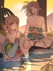 Rule 34 | 2boys, abs, barefoot, bishounen, blue eyes, bridal gauntlets, brown hair, detached sleeves, dual persona, earrings, evening, exhausted, food, fruit, gerudo set (zelda), harem pants, highres, in-franchise crossover, jewelry, link, looking at another, multiple boys, muscular, muscular male, nintendo, nipples, official alternate costume, palm tree, pants, partially submerged, pectorals, pointy ears, ponytail, shade, short ponytail, suikaels, sweat, the legend of zelda, the legend of zelda: breath of the wild, the legend of zelda: twilight princess, topless male, tree, water, watermelon, wet