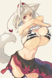 Rule 34 | 1girl, animal ears, bikini, black thighhighs, bouncing breasts, breasts, cleavage, clothes lift, curvy, highres, huge breasts, huge weapon, inubashiri momiji, lifting own clothes, long hair, looking at viewer, muneneko, navel, red eyes, ribbed sweater, shirt, shirt lift, solo, standing, striped bikini, striped clothes, sweater, sweater lift, sweater vest, swimsuit, tail, thighhighs, touhou, weapon, white hair, wide hips, wolf ears, wolf tail
