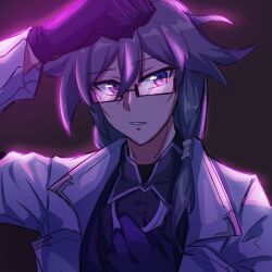 Rule 34 | 1girl, absurdres, arm up, black shirt, blue eyes, blue hair, blue shirt, formal, fu hua, fu hua (night squire), glasses, gradient background, grey hair, grin, hair between eyes, highres, honkai (series), honkai impact 3rd, jacket, long hair, long sleeves, looking at viewer, low-tied long hair, low ponytail, mantisfckr, open clothes, open jacket, ponytail, purple background, shirt, smile, solo, suit, white jacket, white suit