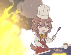 Rule 34 | 1girl, animal ears, bone hair ornament, braid, brown eyes, brown hair, chef hat, commentary, cooking, dog ears, dog girl, dog tail, fire, food, frying pan, hair ornament, hat, hololive, inugami korone, inugami korone (street), kukie-nyan, long sleeves, low twin braids, solo, spatula, stove, tail, toque blanche, twin braids, virtual youtuber
