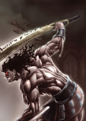 Rule 34 | 1boy, heracles (fate), brown hair, fate/stay night, fate (series), glowing, glowing eyes, highres, long hair, male focus, manly, mayaend, muscular, red eyes, solo, sword, weapon