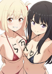 2girls bikini black_bikini black_hair blonde_hair bob_cut body_writing breasts closed_mouth collarbone grin hair_between_eyes hair_ribbon highres inoue_takina large_breasts long_hair lycoris_recoil medium_breasts mibushiro micro_bikini multiple_girls navel nishikigi_chisato purple_eyes red_bikini red_eyes red_ribbon ribbon short_hair simple_background smile swimsuit teeth upper_body white_background