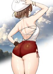 Rule 34 | 1girl, ass, atelier (series), atelier ryza, bare arms, bare shoulders, blush, bracelet, brown gloves, brown hair, from behind, gloves, hand on own head, hat, highres, jewelry, looking at viewer, looking back, outdoors, parted lips, red shorts, reisalin stout, short hair, short shorts, shorts, single glove, sky-freedom, smile, thighs, white hat