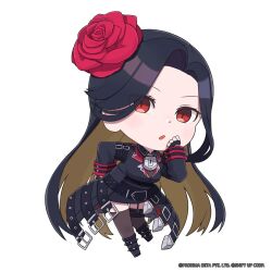 Rule 34 | 1girl, belt, black belt, black footwear, black gloves, black hair, blonde hair, breasts, chibi, colored inner hair, commentary, english commentary, fingerless gloves, flower, full body, garter straps, gloves, goddess of victory: nikke, hair flower, hair ornament, hand on own hip, hand up, highres, large breasts, leaning forward, lock, long hair, long sleeves, looking at viewer, maiden (nikke), multicolored hair, no mask, official art, red eyes, red flower, red rose, rose, solo, standing, thighhighs, totatokeke