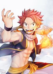 Rule 34 | 1boy, abs, bare shoulders, commentary request, eyes visible through hair, fairy tail, fire, ft nl10, highres, looking at viewer, male focus, natsu dragneel, navel, open mouth, pink hair, scarf, shoulder tattoo, sleeveless, solo, spiked hair, standing, tattoo, teeth, upper body, watermark, wristband