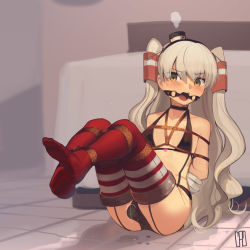 Rule 34 | 1girl, amatsukaze (kancolle), arms behind back, bdsm, bikini, black bikini, black hat, blush, bondage, bound, bound legs, breasts, cad (caddo), commentary request, egg vibrator, gagged, gloves, hat, highres, indoors, kantai collection, long hair, looking at viewer, mini hat, no shoes, object insertion, open mouth, red thighhighs, rope, sex toy, shibari, silver hair, sitting, small breasts, solo, swimsuit, thighhighs, two side up, vaginal, vaginal object insertion, very long hair, vibrator, vibrator under clothes, white gloves, yellow eyes