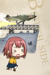 Rule 34 | &gt; o, 1girl, aircraft, aircraft catapult, airplane, blue skirt, bob cut, brown jacket, commentary request, fairy (kancolle), hands on own head, hawker hurricane, jacket, kantai collection, life vest, long sleeves, one eye closed, pleated skirt, propeller, red hair, roundel, short hair, skirt, solid oval eyes, solo, tsukemon