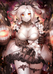 Rule 34 | 1girl, abyssal ship, breasts, cannon, colored skin, commentary, dress, drill hair, flower armlet, kantai collection, large breasts, new light cruiser princess, orange eyes, revision, rigging, rui shi (rayze ray), short dress, sidelocks, solo, thighhighs, turret, twin drills, twintails, white hair, white skin, white thighhighs