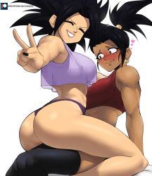 Rule 34 | 2girls, abs, absurdres, artist name, ass, back, bare arms, bare legs, biceps, black hair, black legwear, black nails, blouse, blush, breasts, brown eyes, caulifla, clenched teeth, closed eyes, crop top, dark-skinned female, dark skin, dragon ball, dragon ball super, earrings, echo saber, eyelashes, flustered, foreshortening, from below, from side, grin, hair ornament, happy, heart, highres, huge ass, jewelry, large breasts, looking at breasts, looking at viewer, medium hair, multiple girls, muscular, muscular female, nail polish, on lap, patreon username, ponytail, purple shirt, red shirt, saiyan, see-through, see-through shirt, shirt, simple background, sitting, sitting on lap, sitting on person, sleeveless, sleeveless shirt, smile, spiked hair, sweat, tank top, teeth, thick thighs, thighhighs, thighs, thong, underwear, v, v-shaped eyebrows, watermark, white background, yuri