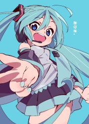 Rule 34 | 1girl, ahoge, aqua background, aqua hair, aqua nails, aqua necktie, bad id, bad twitter id, bare shoulders, black skirt, black sleeves, blue eyes, cowboy shot, detached sleeves, foreshortening, from below, grey shirt, hair ornament, hatsune miku, headphones, headset, long hair, looking at viewer, miniskirt, nail polish, necktie, open mouth, pleated skirt, satou asuka, shirt, skirt, sleeveless, sleeveless shirt, smile, solo, thighhighs, translated, twintails, v, very long hair, vocaloid