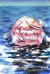Rule 34 | 10s, 1girl, commentary, hair ornament, highres, horizon, i-58 (kancolle), kantai collection, looking at viewer, millipen (medium), mouth under water, ocean, partially submerged, pink eyes, pink hair, serious, signature, sky, solo, tesun (g noh), traditional media, water, water drop, watercolor pencil (medium), wet, wet hair