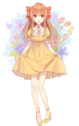 Rule 34 | 1girl, bad id, bad pixiv id, blue flower, bow, bug, butterfly, dress, female focus, flower, full body, gekkan shoujo nozaki-kun, hair bow, high heels, highres, insect, long hair, looking at viewer, mongarit, open mouth, orange flower, orange hair, parted lips, polka dot, polka dot bow, purple eyes, purple flower, red bow, ribbon, sakura chiyo, shoes, short dress, simple background, sketch, skirt hold, solo, standing, star (symbol), white background, yellow dress, yellow footwear