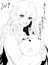 Rule 34 | 1girl, 2019, animal, commentary request, dated, dodome ichika, green eyes, greyscale, hair between eyes, heterochromia, holding, holding animal, jacket, long hair, long sleeves, looking at viewer, monochrome, open mouth, original, pig, simple background, solo, teeth, tongue, translation request, upper body, waka (shark waka), white background, yellow eyes