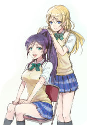 Rule 34 | 10s, 2girls, alternate hairstyle, ayase eli, black socks, blonde hair, blue eyes, bow, chair, folding chair, hairstyle switch, kneehighs, long hair, love live!, love live! school idol project, low twintails, multiple girls, open mouth, purple hair, school uniform, simple background, sitting, sketch, skirt, smile, socks, standing, suganemui, sweater vest, tojo nozomi, twintails, white background