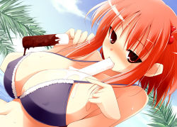 Rule 34 | 1girl, bare shoulders, between breasts, bikini, blush, breasts, cloud, day, dutch angle, covered erect nipples, female focus, food, huge breasts, kurikara, long hair, looking at viewer, melting, mouth hold, naughty face, navel, onozuka komachi, palm tree, popsicle, red eyes, red hair, sexually suggestive, sky, solo, sweat, swimsuit, teasing, touhou, tree