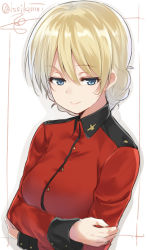 Rule 34 | 10s, 1girl, blonde hair, blue eyes, braid, commentary, darjeeling (girls und panzer), epaulettes, eyebrows, girls und panzer, hair between eyes, hair up, hand on own arm, hand on own elbow, isshiki (ffmania7), jacket, military, military uniform, simple background, smile, solo, twitter username, uniform