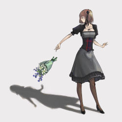 Rule 34 | 1girl, bouquet, breasts, brown eyes, brown hair, cleavage, corset, cropped jacket, dress, flower, hair ornament, highres, original, outstretched arm, pantyhose, short hair, simple background, solo, standing, travo
