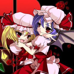 Rule 34 | 2girls, arm ribbon, bat wings, blonde hair, blue hair, dress, fangs, female focus, flandre scarlet, flower, frills, hand on shoulder, hat, hat ribbon, kayama benio, looking at viewer, multiple girls, open mouth, petals, red eyes, red theme, remilia scarlet, ribbon, rose, rose petals, short hair, siblings, side ponytail, sisters, smile, touhou, window, wings