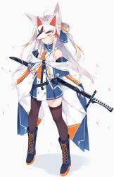 Rule 34 | 1girl, ahoge, animal ear fluff, animal ears, asymmetrical legwear, bare shoulders, belt, boots, brown thighhighs, commentary request, fox ears, fox mask, full body, grey hair, hair bun, high-waist skirt, highres, holding, holding sword, holding weapon, japanese clothes, long hair, long sleeves, mask, mismatched legwear, nibiiro shizuka, off shoulder, original, pantyhose, pleated skirt, shirt, simple background, single hair bun, single leg pantyhose, skirt, solo, standing, sword, thighhighs, two side up, uneven legwear, weapon, white background, white shirt, wide sleeves, wing collar