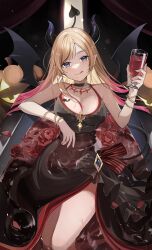 Rule 34 | 1girl, :q, absurdres, alcohol, alternate costume, bare shoulders, bathtub, black choker, black dress, black horns, blonde hair, blue eyes, breast tattoo, breasts, choker, cleavage, cup, demon girl, demon horns, demon tail, demon wings, dress, drinking glass, flower, gradient hair, highres, hololive, horn ornament, horn ring, horns, jewelry, large breasts, licking lips, long hair, looking at viewer, multicolored hair, necklace, petals, petals on liquid, pink hair, pointy ears, rose, shunka tunacan, side slit, single sidelock, sleeveless, sleeveless dress, solo, swept bangs, tail, tattoo, tongue, tongue out, virtual youtuber, wine, wine glass, winged heart, wings, yuzuki choco