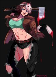 Rule 34 | 1girl, abs, axe, belt, black background, black gloves, blood, bloody weapon, blue eyes, borrowed design, breasts, cleavage, crop top, cuts, d-ryuu, disembodied limb, friday the 13th, genderswap, genderswap (mtf), gloves, hockey mask, injury, jacket, jason voorhees, large breasts, leather, leather jacket, mask, midriff, navel, open clothes, open jacket, pants, solo, torn clothes, torn pants, weapon