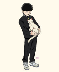 Rule 34 | 1boy, animal, artist name, black hair, black jacket, black pants, blunt bangs, cat, commentary, full body, gakuran, gatoiberico, highres, holding, holding animal, holding cat, jacket, kageyama shigeo, long sleeves, looking at animal, male focus, mob psycho 100, open mouth, pants, school uniform, shoes, short hair, simple background, smile, sneakers, solo, standing, symbol-only commentary