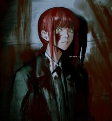 Rule 34 | 1girl, black coat, black necktie, blood, blood on clothes, blood on face, blood on wall, braid, braided ponytail, chainsaw man, coat, collared shirt, dark, dark background, formal, highres, kamo (kamonegioisi), looking at viewer, makima (chainsaw man), medium hair, necktie, red hair, ringed eyes, shirt, sidelocks, solo, suit, white shirt, yellow eyes